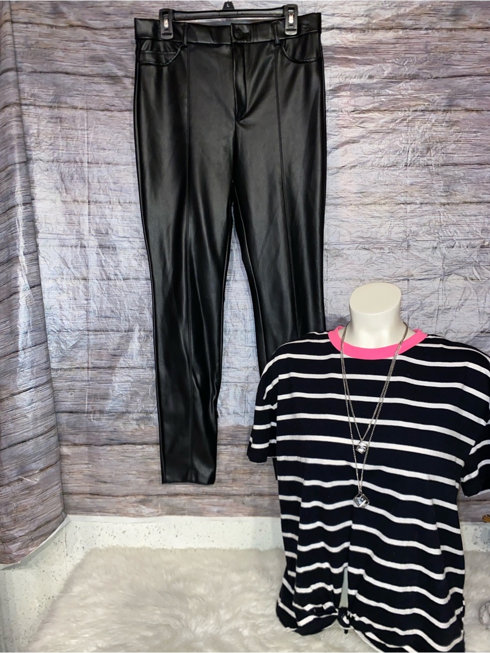 Black & White Striped Cropped Top With Hot Pink Collar
